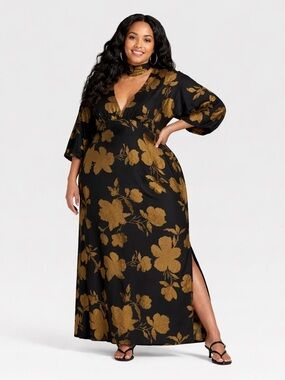 A New Day Women's Tie Neck Maxi Dress Black-Brown Floral Size XXL